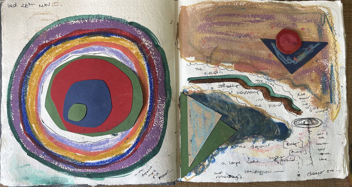 Mixed media art journal pages containing colorful abstract shapes, concentric circles on the left, and layered elements including a red circle, dark triangle, textured lines, and handwritten notes on the right.