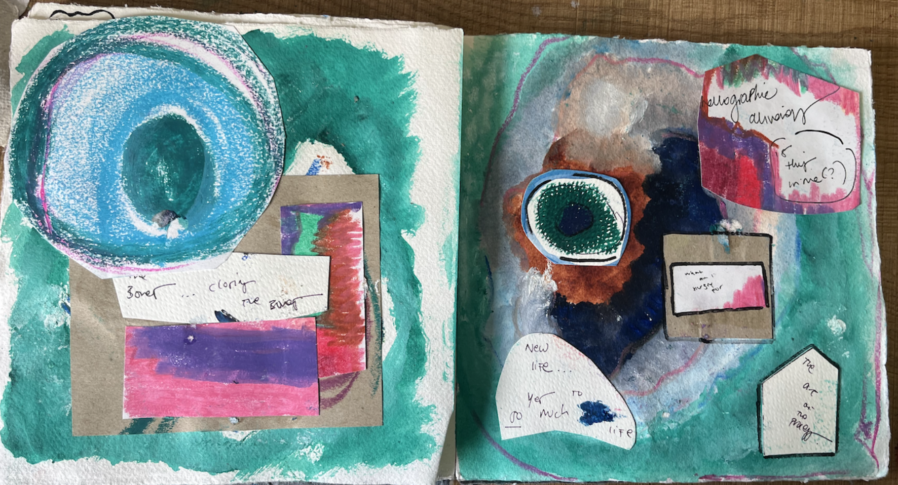 Mixed media artwork with watercolor and collage, including a large blue swirl, colorful abstract shapes, handwritten notes, and small cut-out sections of paper with text.
