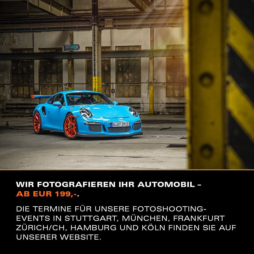 WIR FOTOGRAFIEREN IHR AUTOMOBIL &ndash; AB EUR 199,-.
Die Termine f&uuml;r unsere Fotoshootings-Events in Stuttgart, M&uuml;nchen, Frankfurt, Z&uuml;rich/CH, Hamburg und K&ouml;ln finden Sie auf unserer Website.

#porsche #porsche911gt3rs #fotoshooti