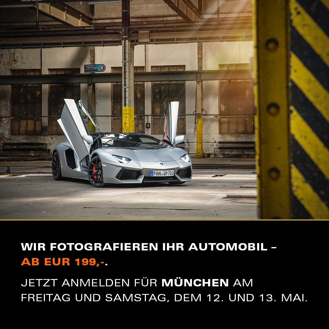 WIR FOTOGRAFIEREN IHR AUTOMOBIL &ndash; AB EUR 199,-.

Jetzt anmelden f&uuml;r M&uuml;nchen am Freitag und Samstag, dem 12. und 13. Mai.

www.bildermeister.com/event-termine

#fotoshootingevent #automotivephotography #autofotografie #autofotograf #po