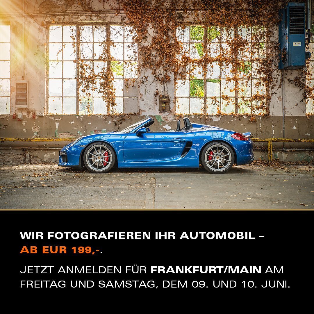 WIR FOTOGRAFIEREN IHR AUTOMOBIL &ndash; AB EUR 199,-.

Jetzt anmelden f&uuml;r Frankfurt/ Main am Freitag und Samstag, dem 09. und 10. Juni.

www.bildermeister.com/fotoshooting-events

#fotoshootingevent #automotivephotography #autofotografie #autofo