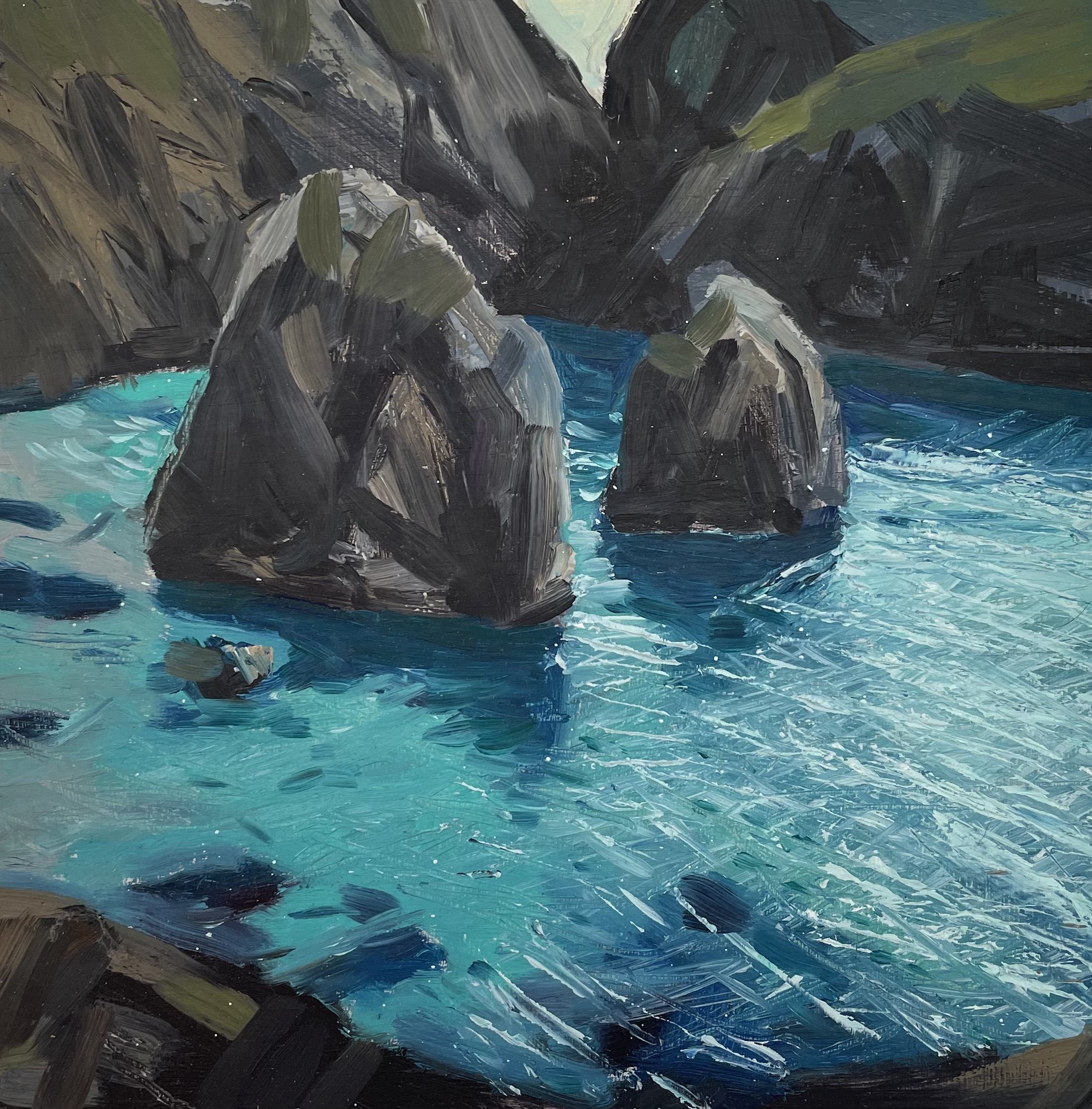 Evening light, Kynance Cove, oil on board