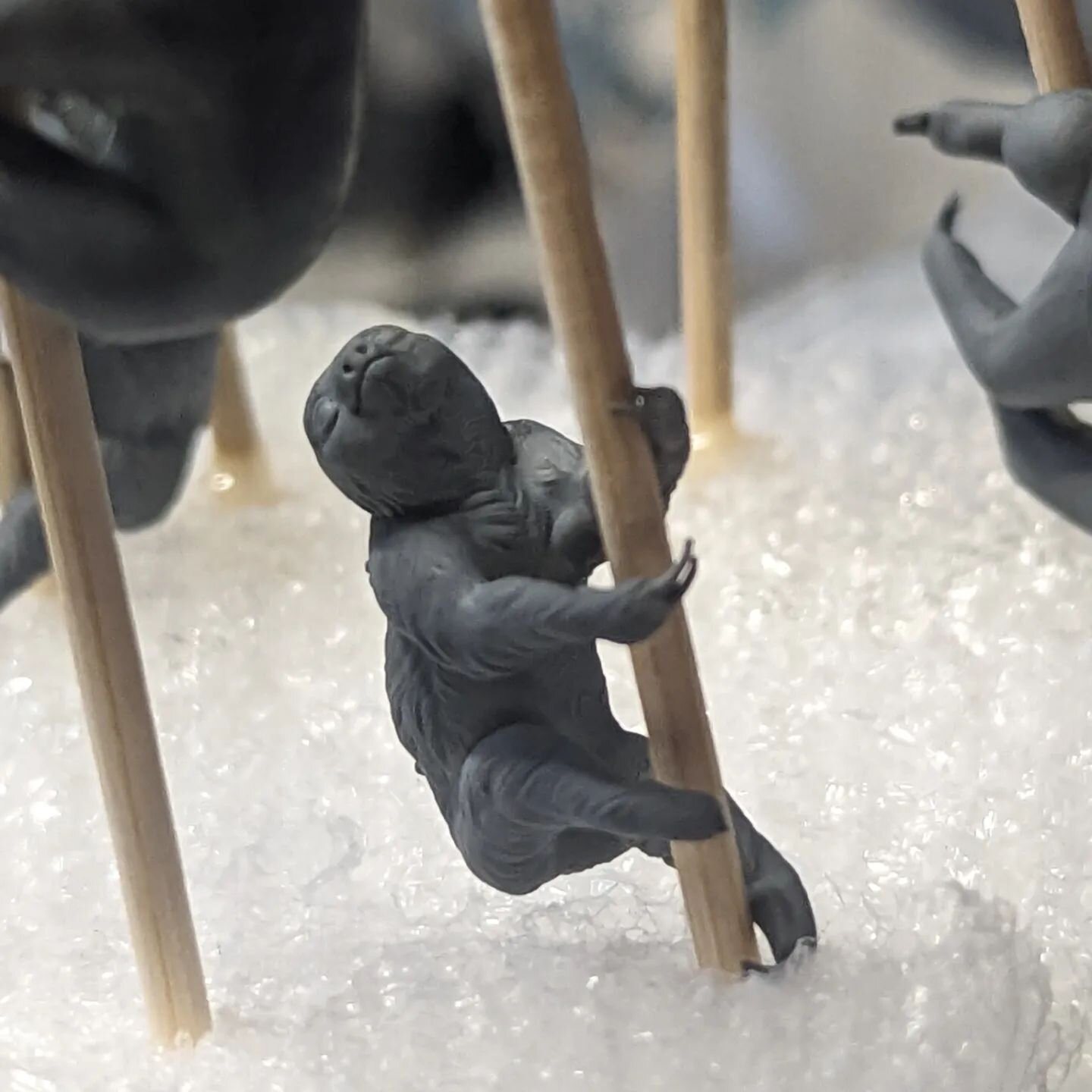 Painting up tiny sloths for dice today. Look how cute they are holding onto toothpicks to dry!!