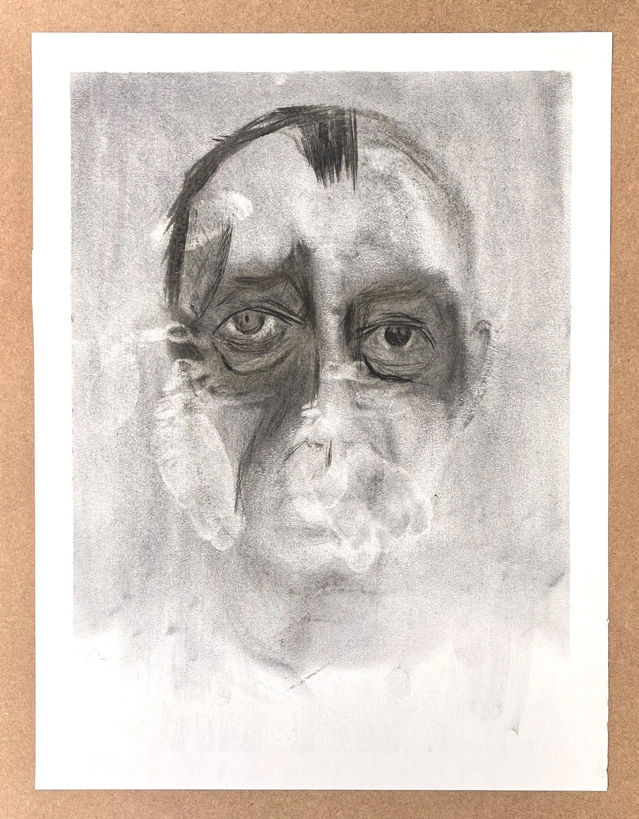 Full sheet view of Mute, original charcoal drawing showing a face emerging from layers of charcoal, erasure and scored marks.