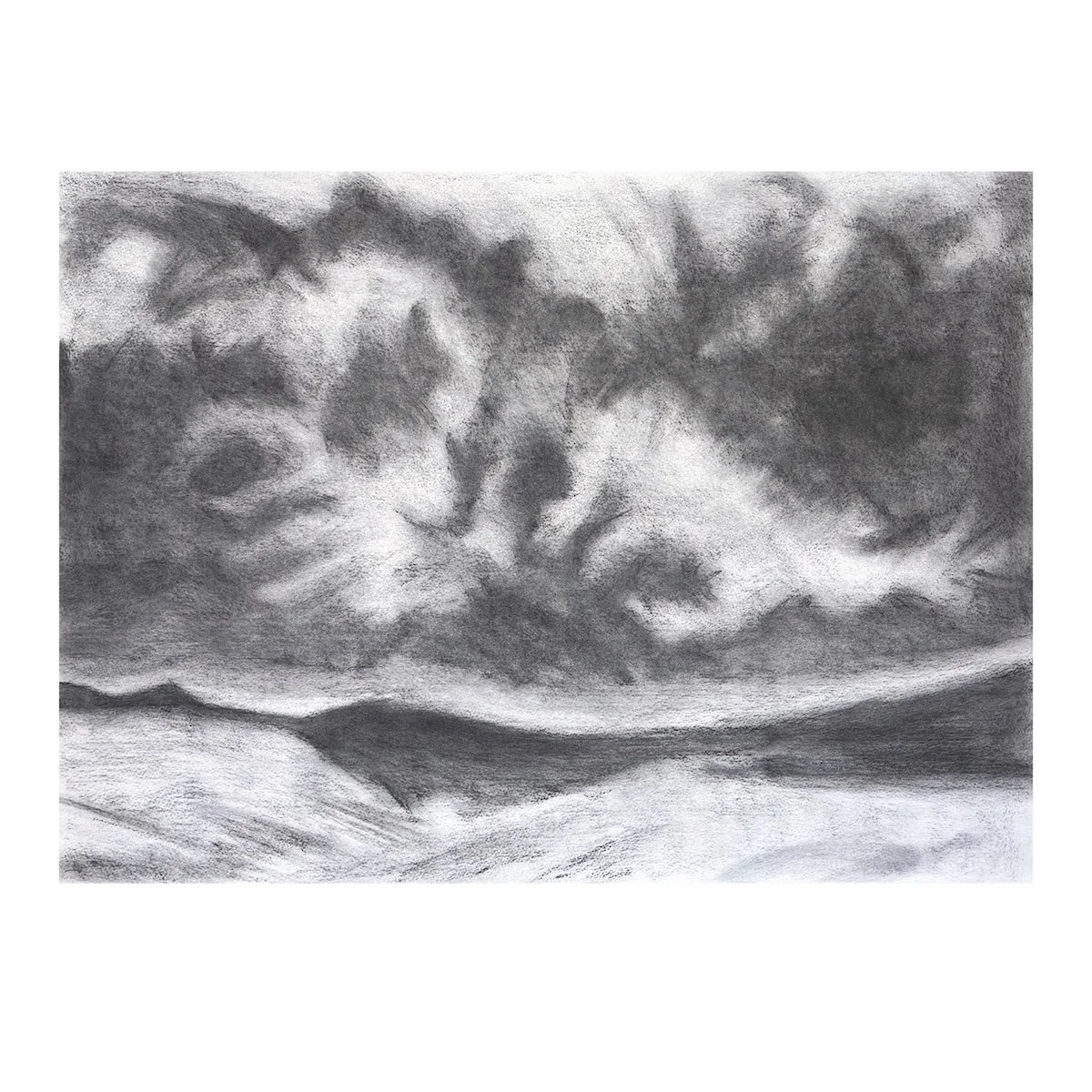 Carneddau, charcoal landscape drawing showing a mountain ridge beneath a dramatic sky of shifting cloud and light.
