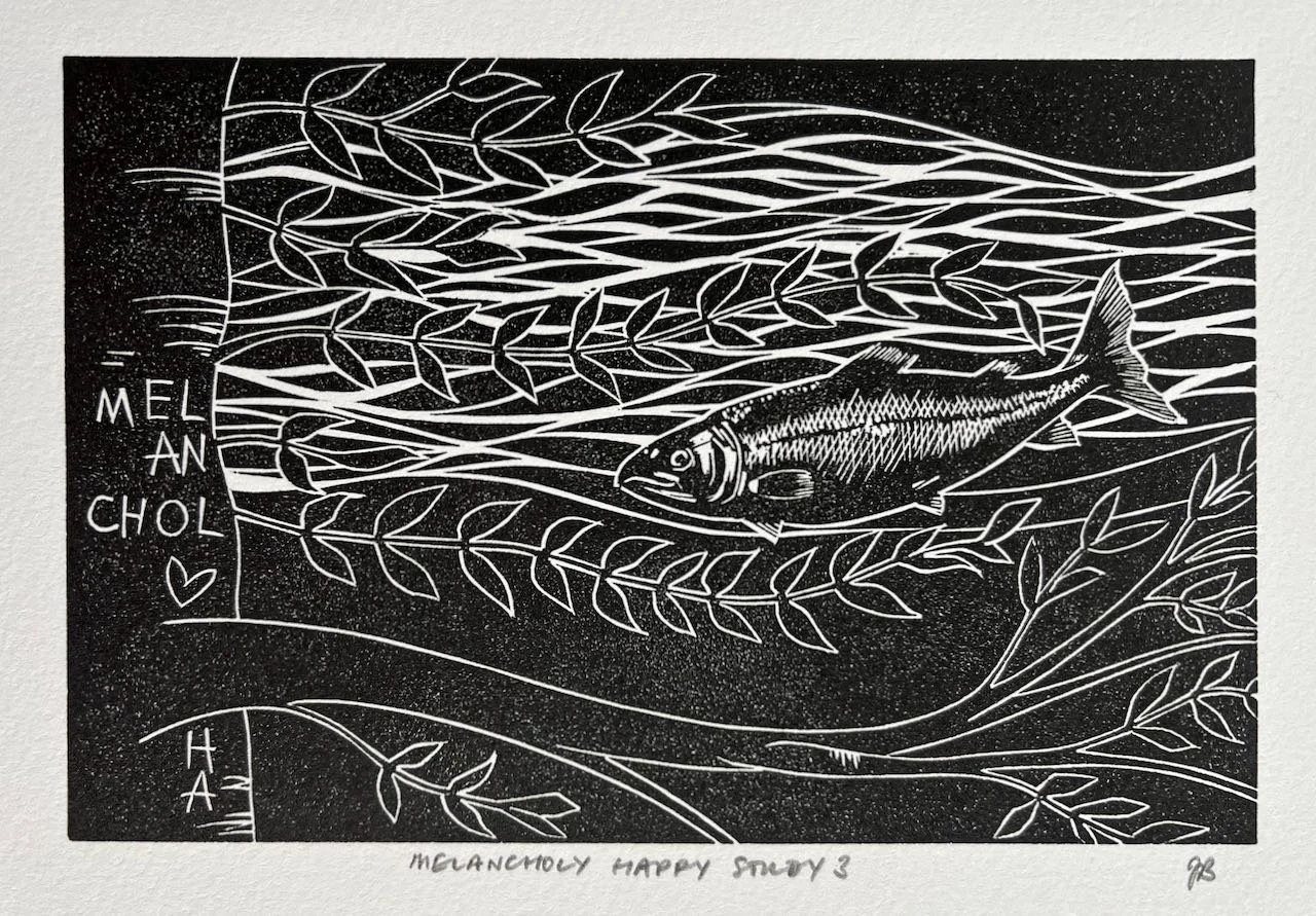 Melancholy Happy Study 3. Linocut. 250 gsm Somerset Satin. 15.5 x 10 cm