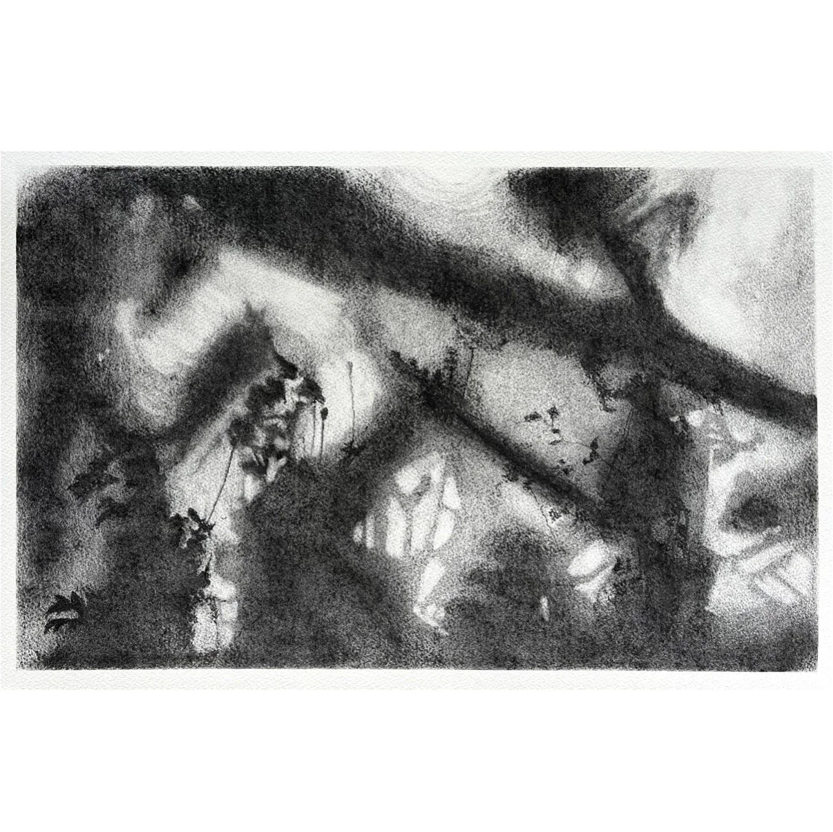Charcoal drawing of a ghostly chapel window emerging through a haze
