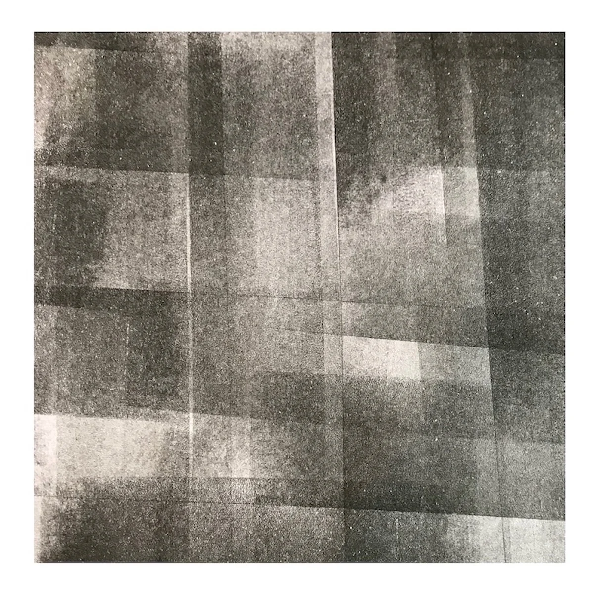 A monotype by Julian Brasington with a grid effect created when learning an inked roller.