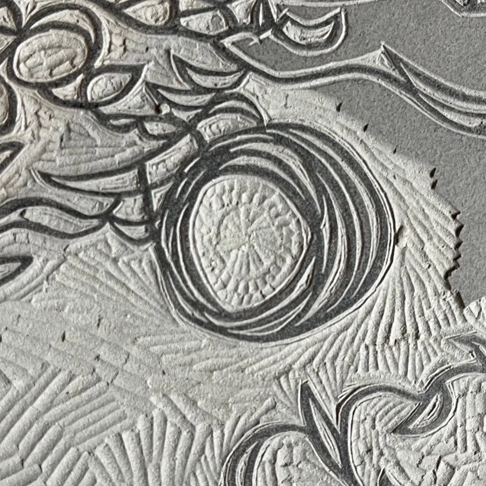 Detail from a partially carved linocut block.  The fourth in a series of details from All Things Were One Thing by Julian Brasington.