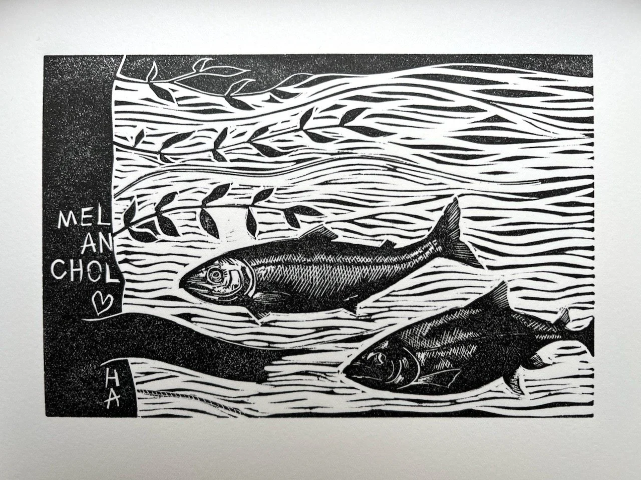 Melancholy Happy Study 1.  Linocut.  250 gsm Somerset Satin.  15 x 10 cm.