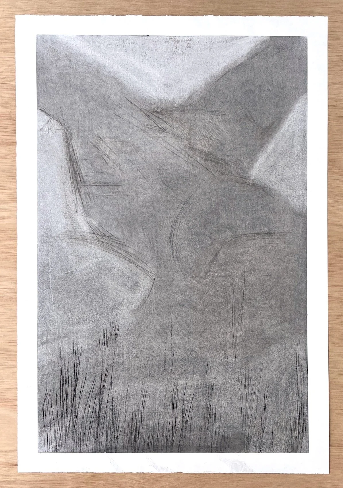 Full sheet view of Landslip, charcoal drawing on paper with scratched and burnished surface marks visible.