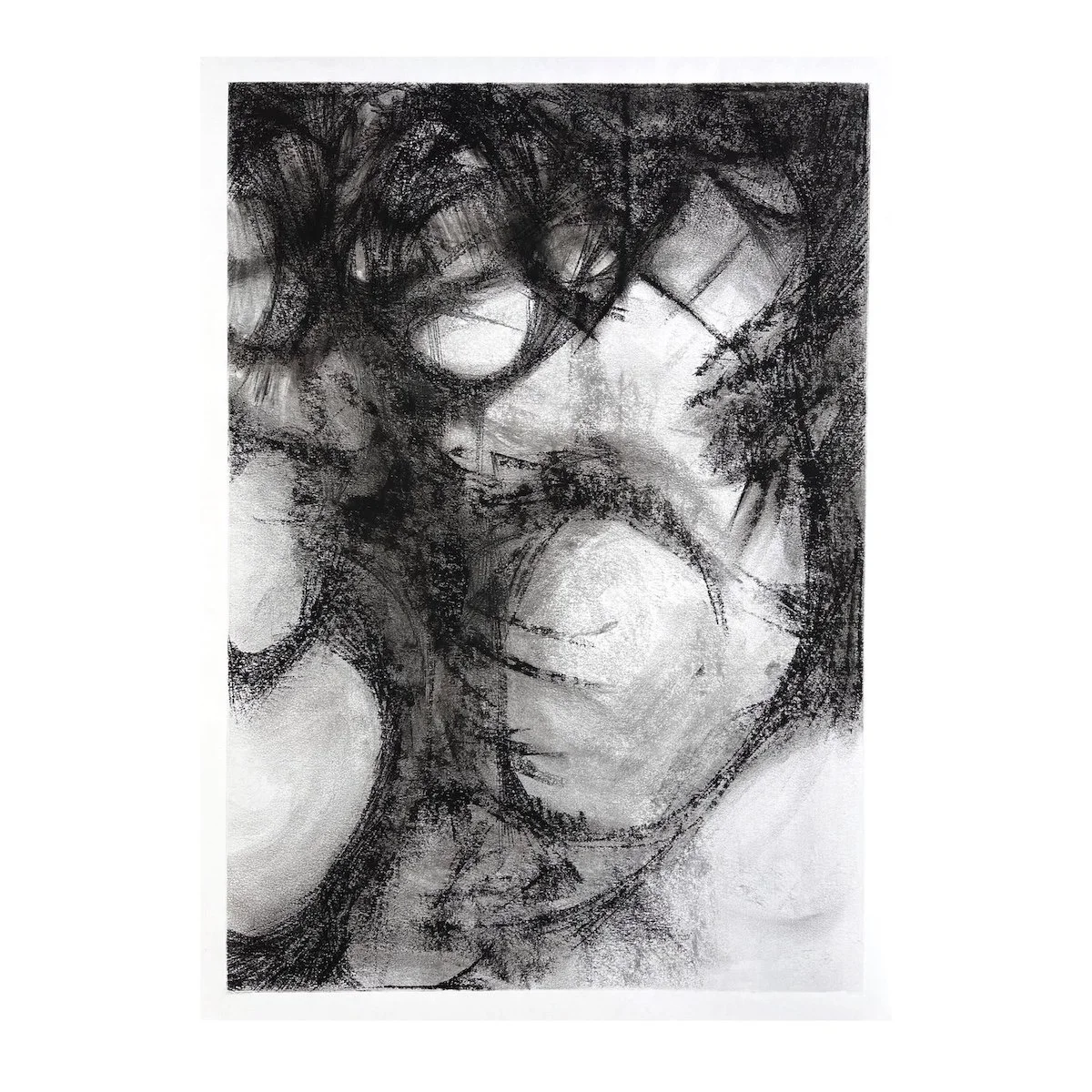 Abstract charcoal drawing with interwoven dark forms and pale openings suggesting body, tree and landscape simultaneously.