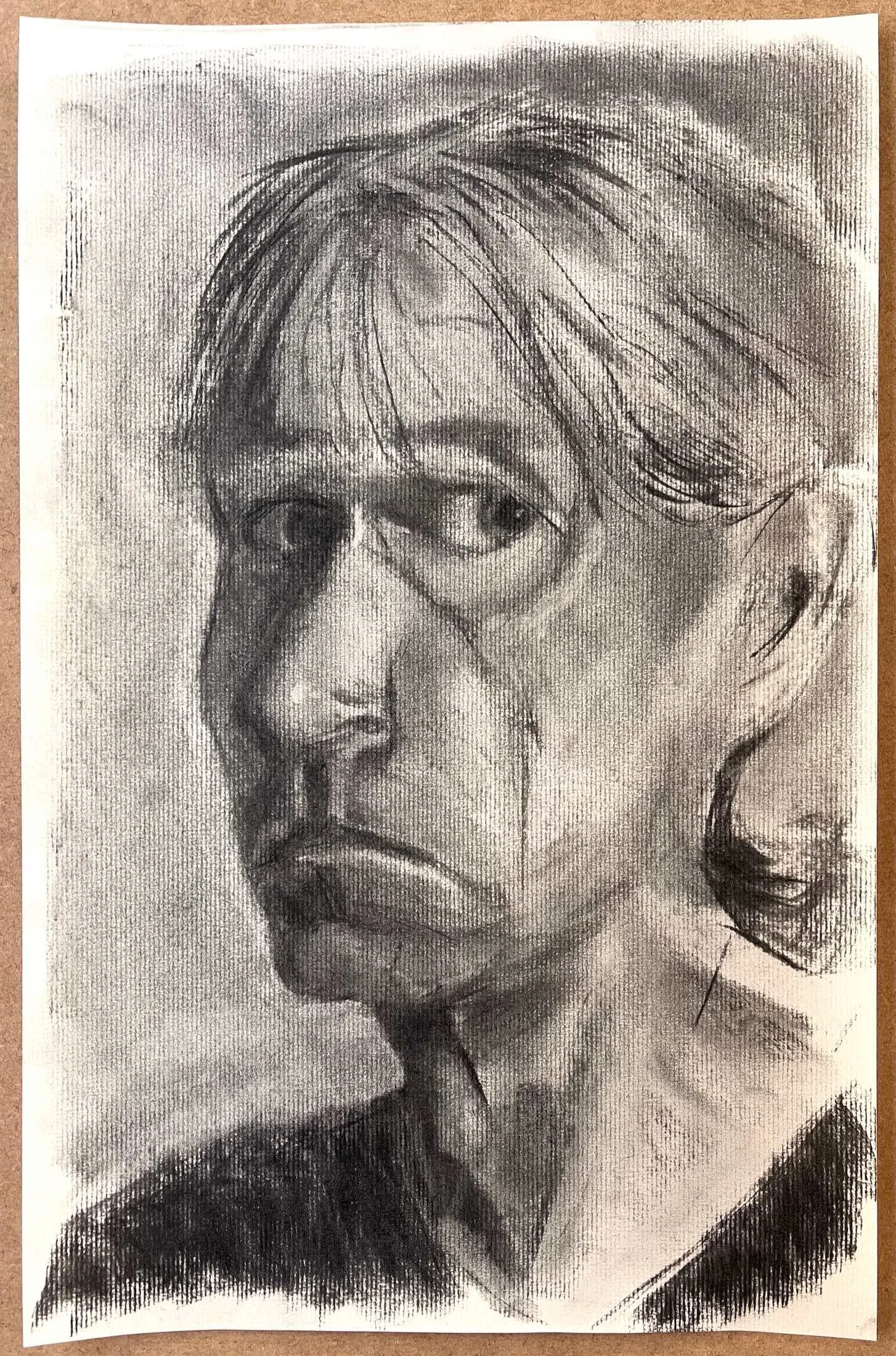 Large-scale charcoal self-portrait drawing by Julian Brasington
