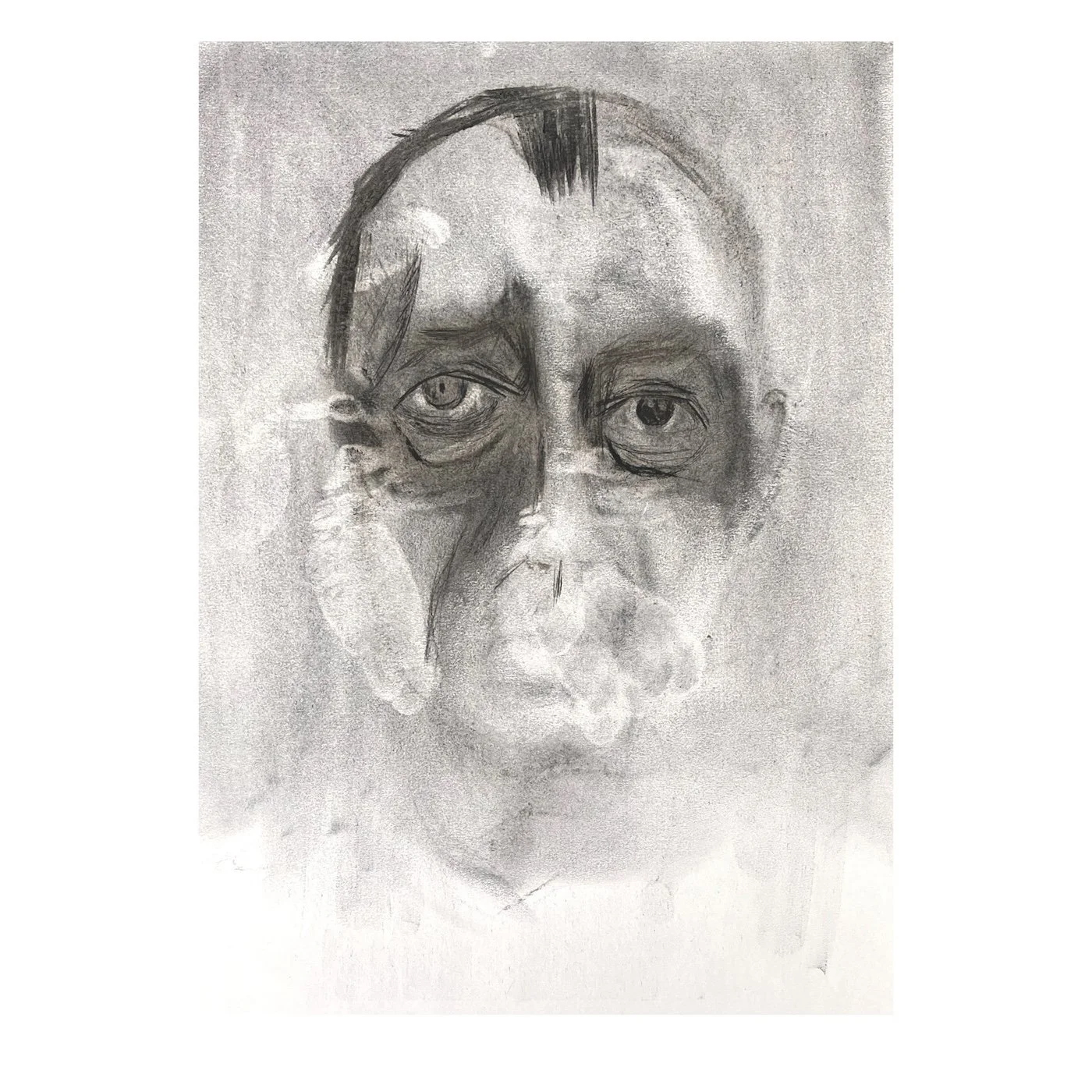 Mute, charcoal portrait drawing of a partially erased face with asymmetrical eyes and an absent mouth.