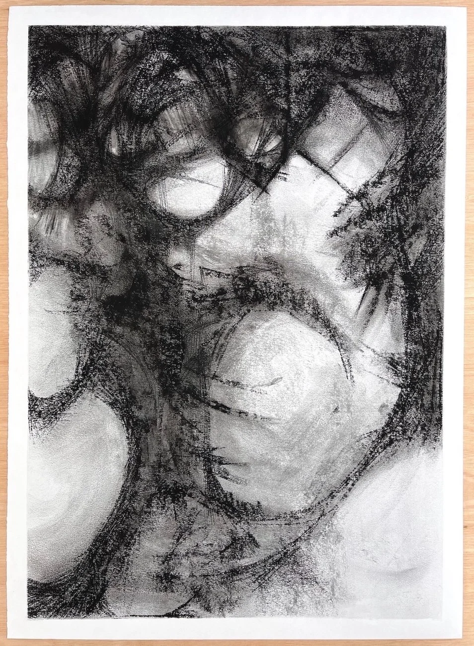 Full-sheet view of Fragile State, an original drawing in willow charcoal and compressed charcoal by Julian Brasington.