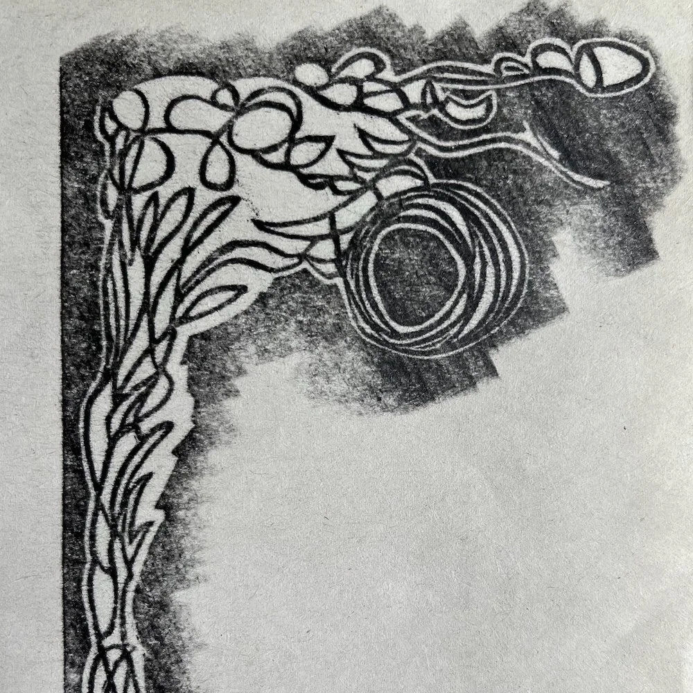 A graphite rubbing on newsprint taken by Julian Brasington of a partially engraved linocut.