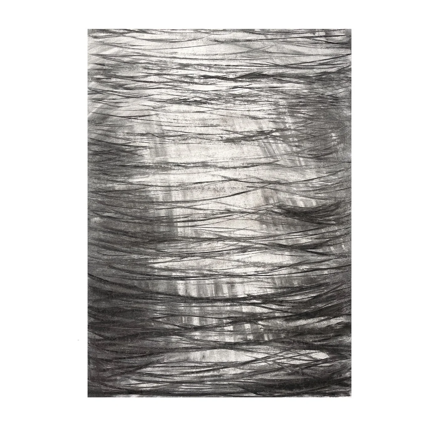 Light Fall on Me, charcoal drawing of reflected light on water formed through layered sweeping charcoal lines.
