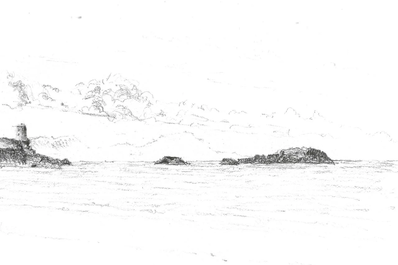 Llanddwyn Skerries. A5 graphite drawing by Julian Brasington