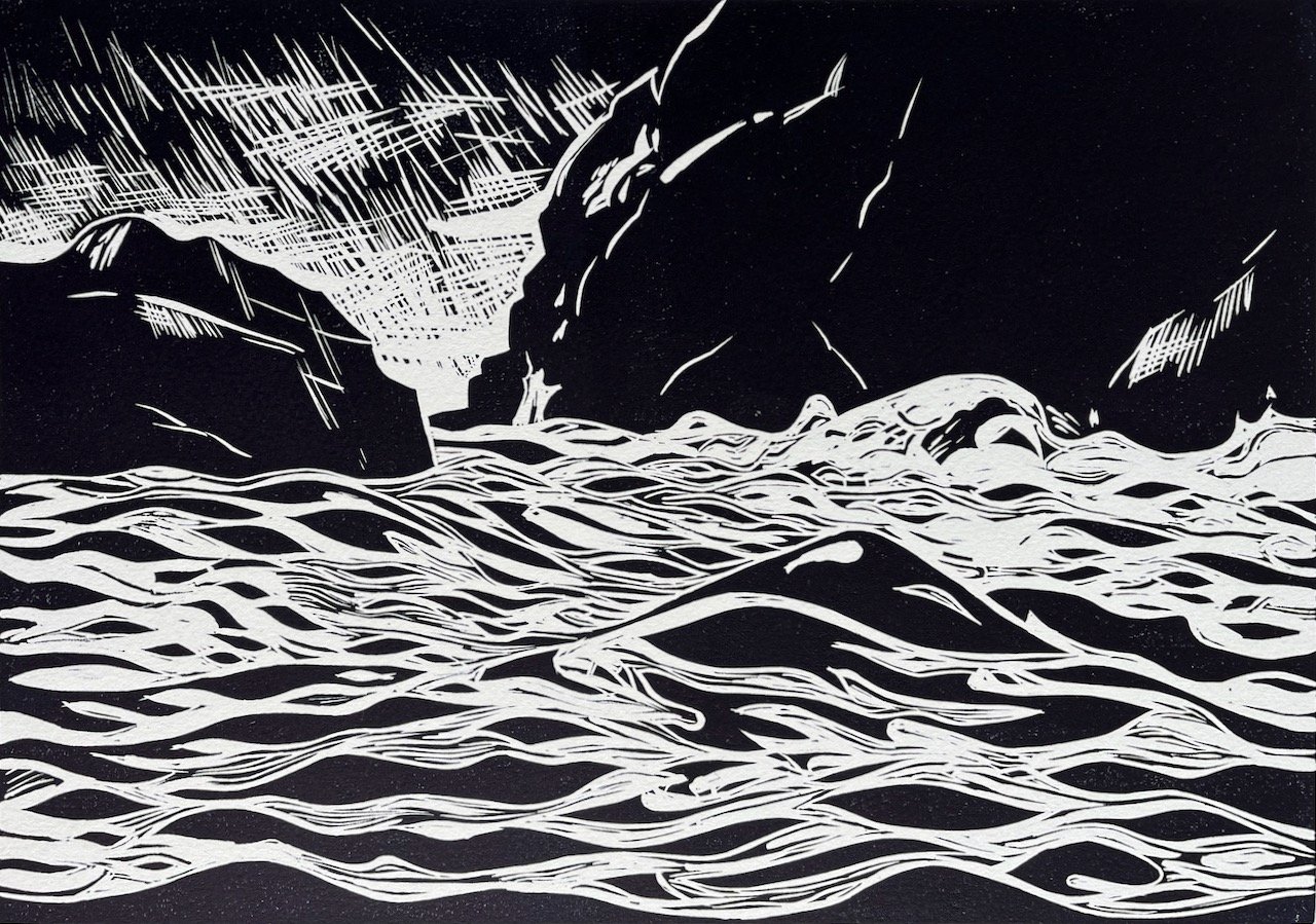 Monochrome linocut with flowing waves passing before and between dark cliffs and a skerry and representing passage, time, instability versus permanence.