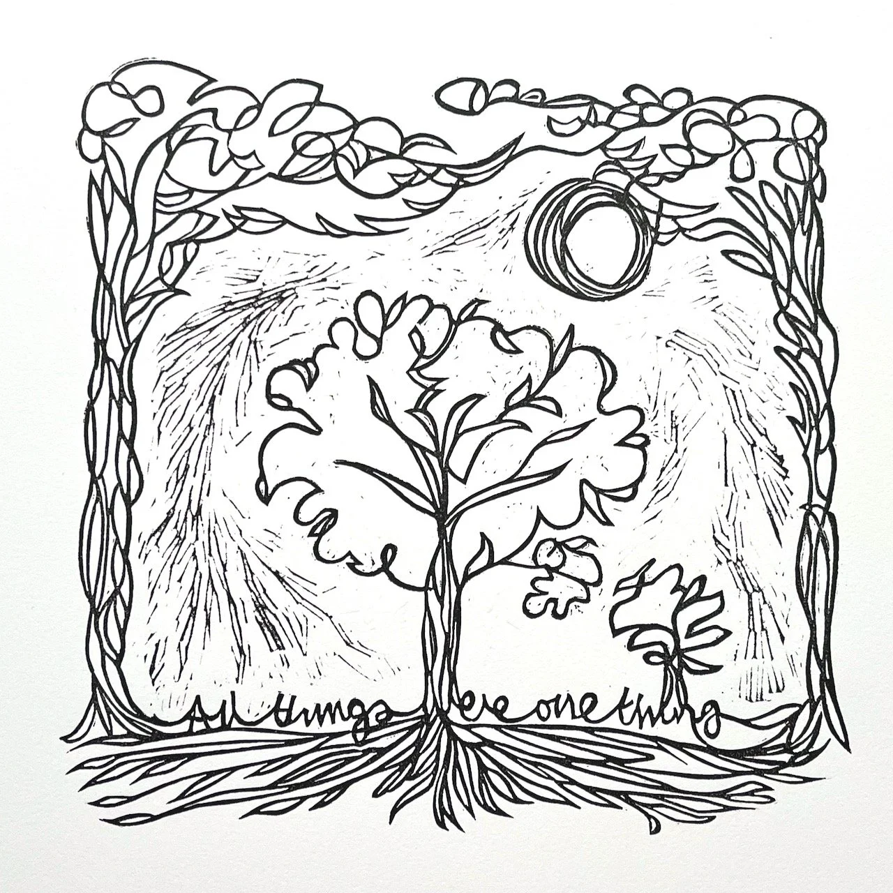 All things were one thing (White).  Linocut.  250 gsm Somerset Satin. 16 x 16 cm.