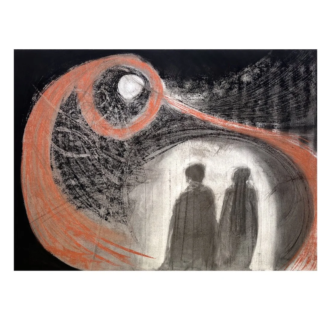 Charcoal drawing showing two shadow-like figures beneath a large sweeping red form against a dark ground.