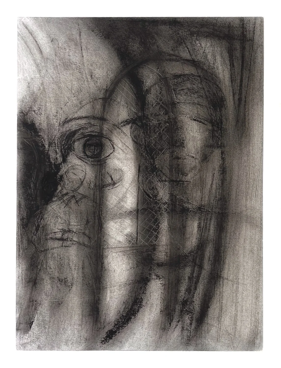 Charcoal drawing of layered figures and window forms emerging through erasure and scratched marks.