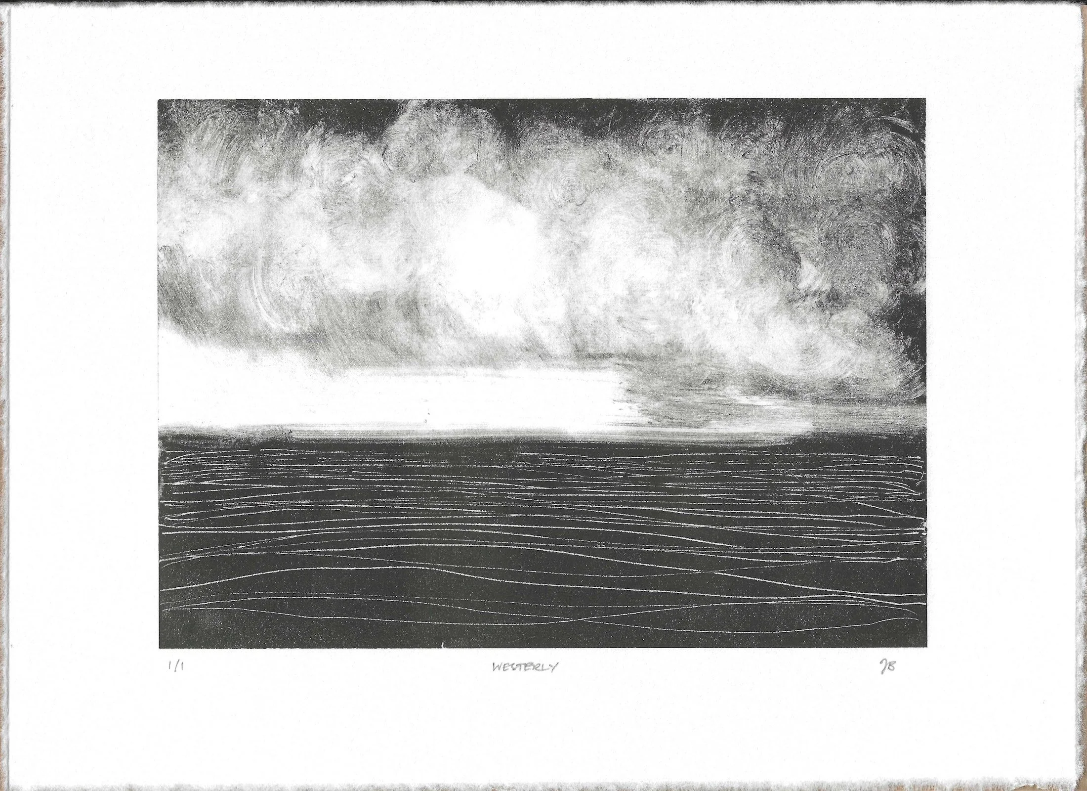 Painterly monotype seascape by Julian Brasington