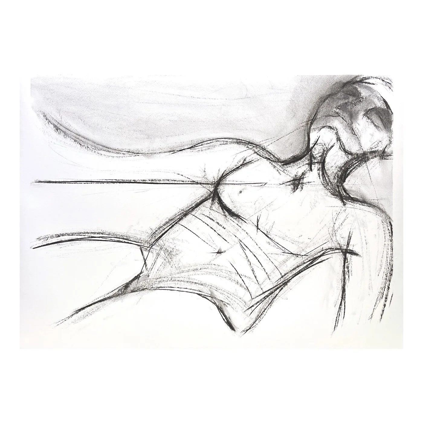 Landscape With Two Bodies, charcoal drawing on paper showing two intertwined forms emerging from an open landscape-like space.