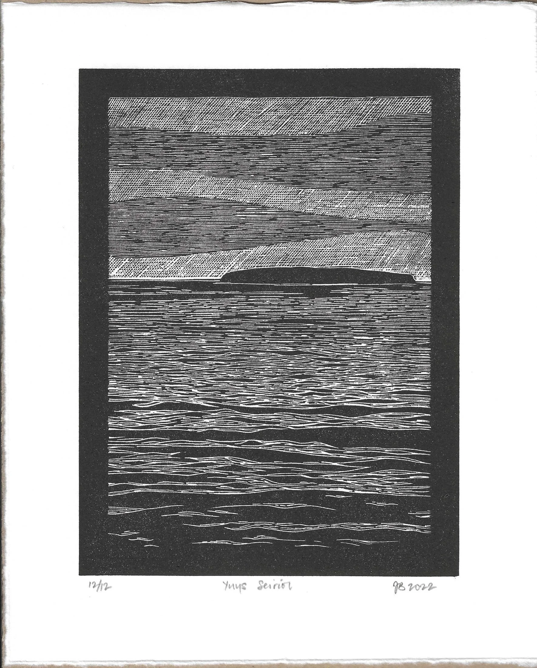 Vertical linocut seascape with distant horizon by Julian Brasington