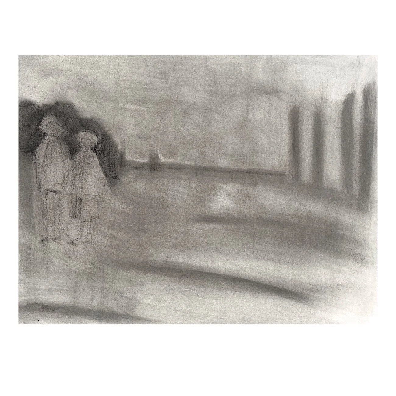 Charcoal drawing showing two small figures standing together within a mist-like landscape of soft grey tones and distant vertical forms.
