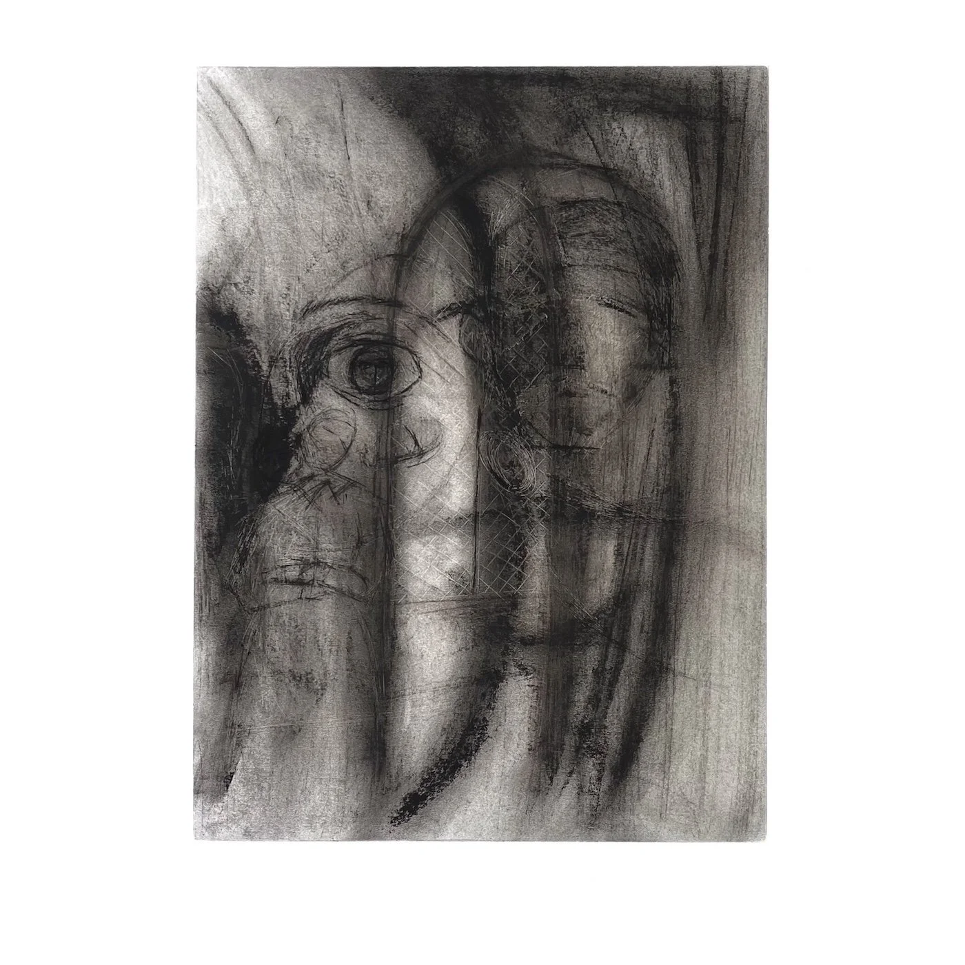 Charcoal drawing showing two overlapping faces divided by the leaded structure of a window, illuminated from within an interior space.