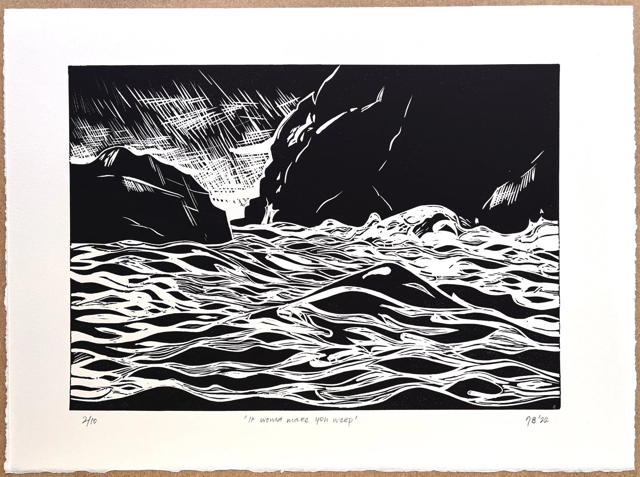 Bold linocut seascape with strong contrast by Julian Brasington