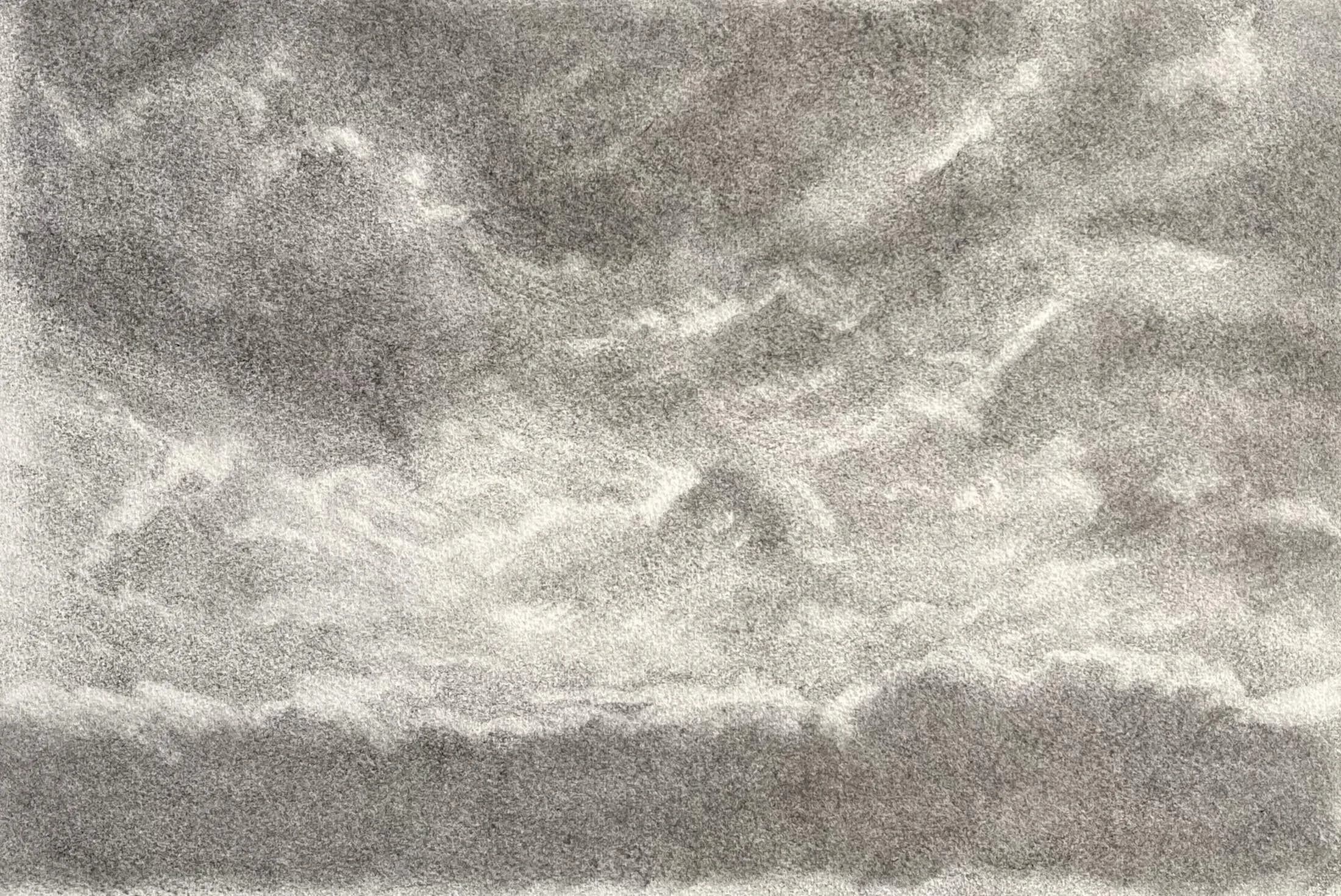 Charcoal drawing by Julian Brasington of a cloudy sky through which light shifts slowly.