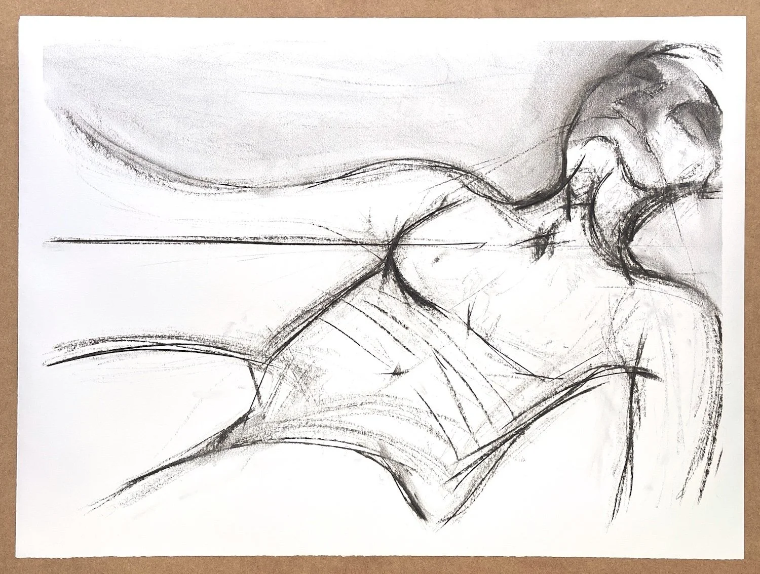 Full sheet view of Landscape With Two Bodies, charcoal drawing on Fabriano Accademia paper with deckled edges visible.