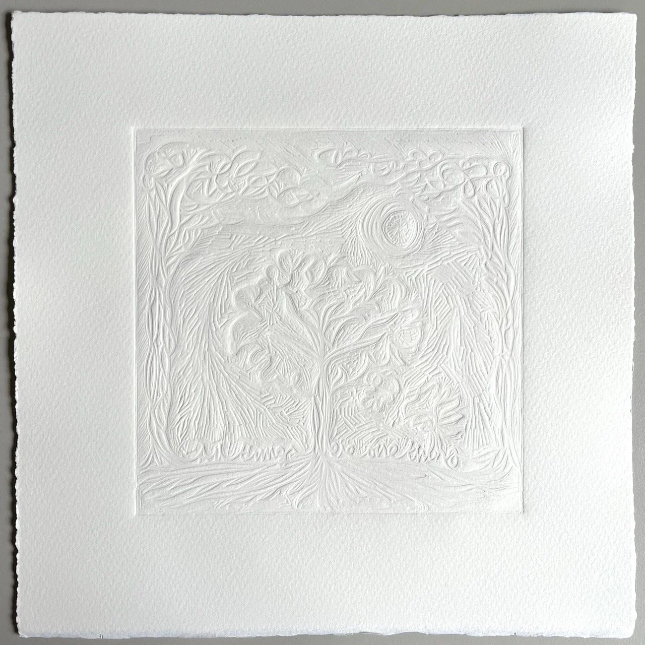 All things were one thing (Emboss).  Linocut.  300 gsm Somerset Satin. 16 x 16 cm.