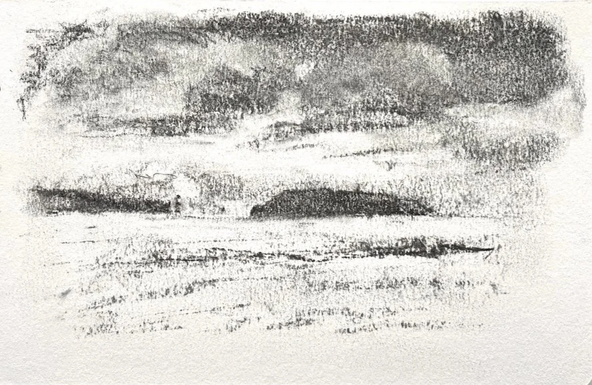 Study in charcoal of Tywyn Du lighthouse (Penmon) and Ynys Seiriol (Puffin Island) by Julian Brasington.
