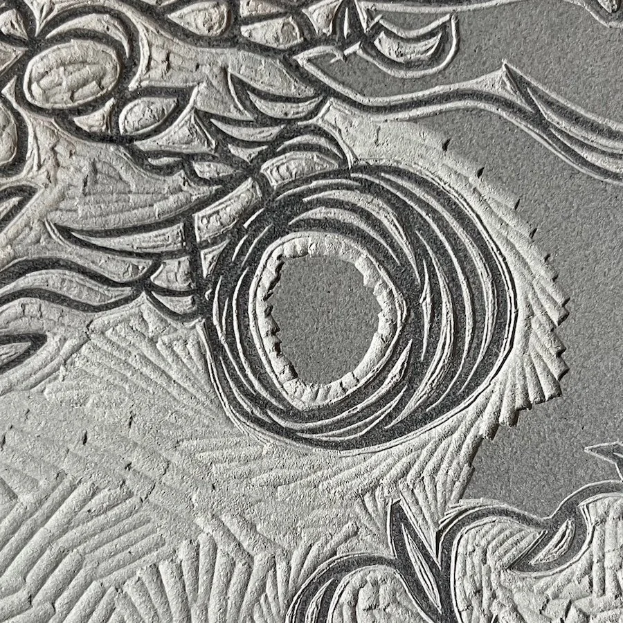 Detail from a partially carved linocut block.  The second in a series of details from All Things Were One Thing by Julian Brasington.