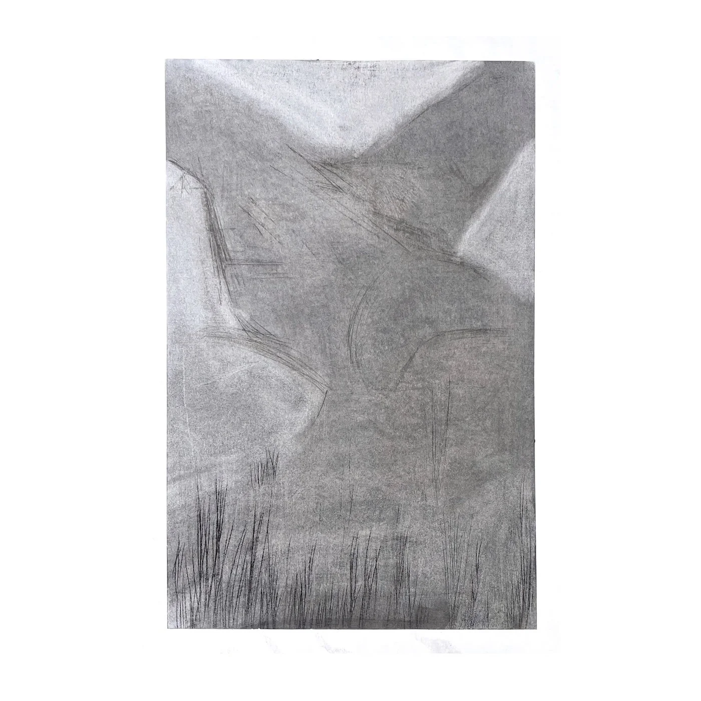 Landslip, charcoal drawing on paper showing an ambiguous form shifting between landscape and figure.