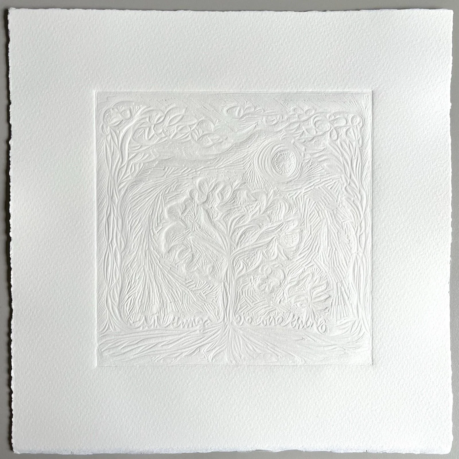 Emboss made by Julian Brasington of the linocut All Things Were One Thing.