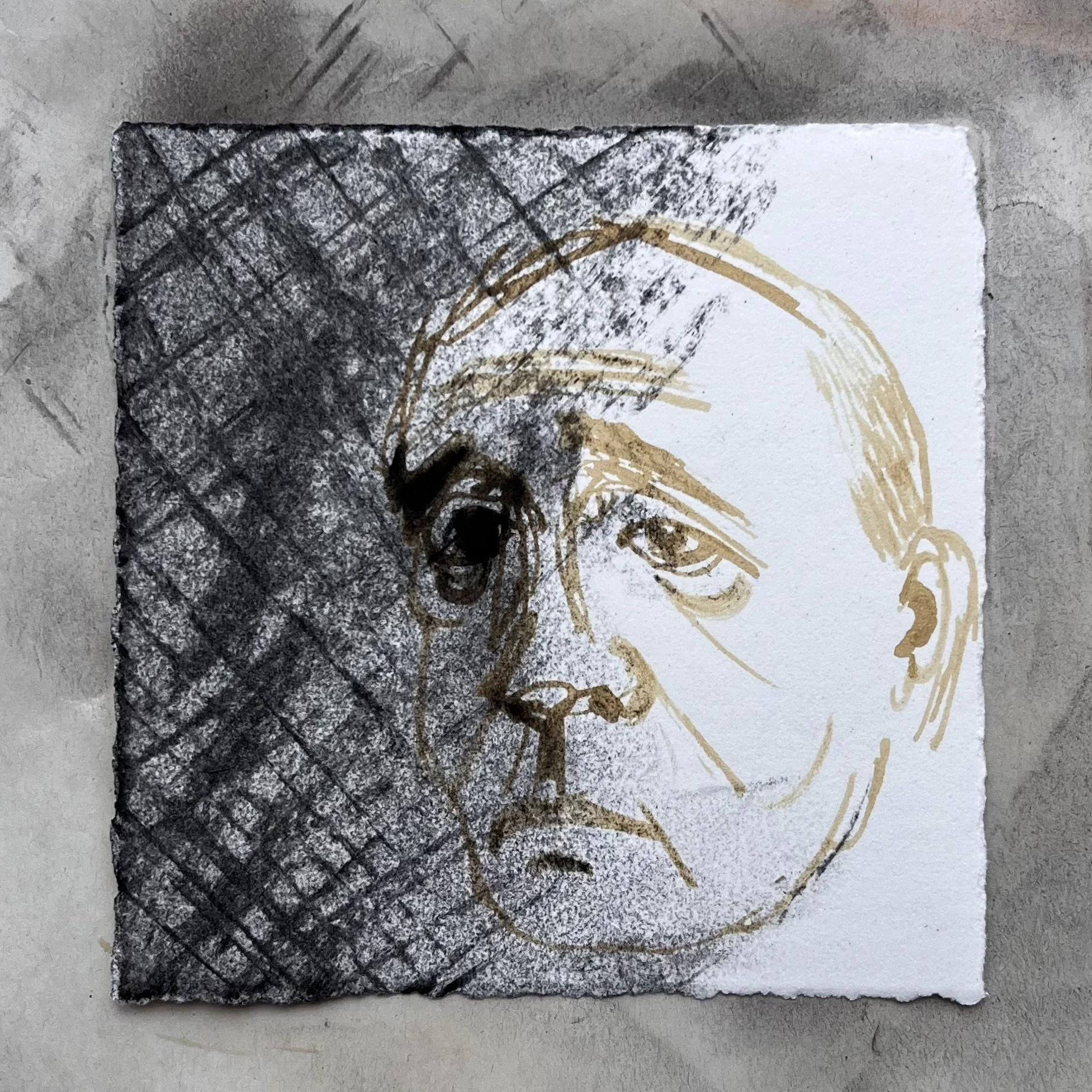 Oak gall ink and charcoal study of man's head drawing with a reed pen by Julian Brasington.