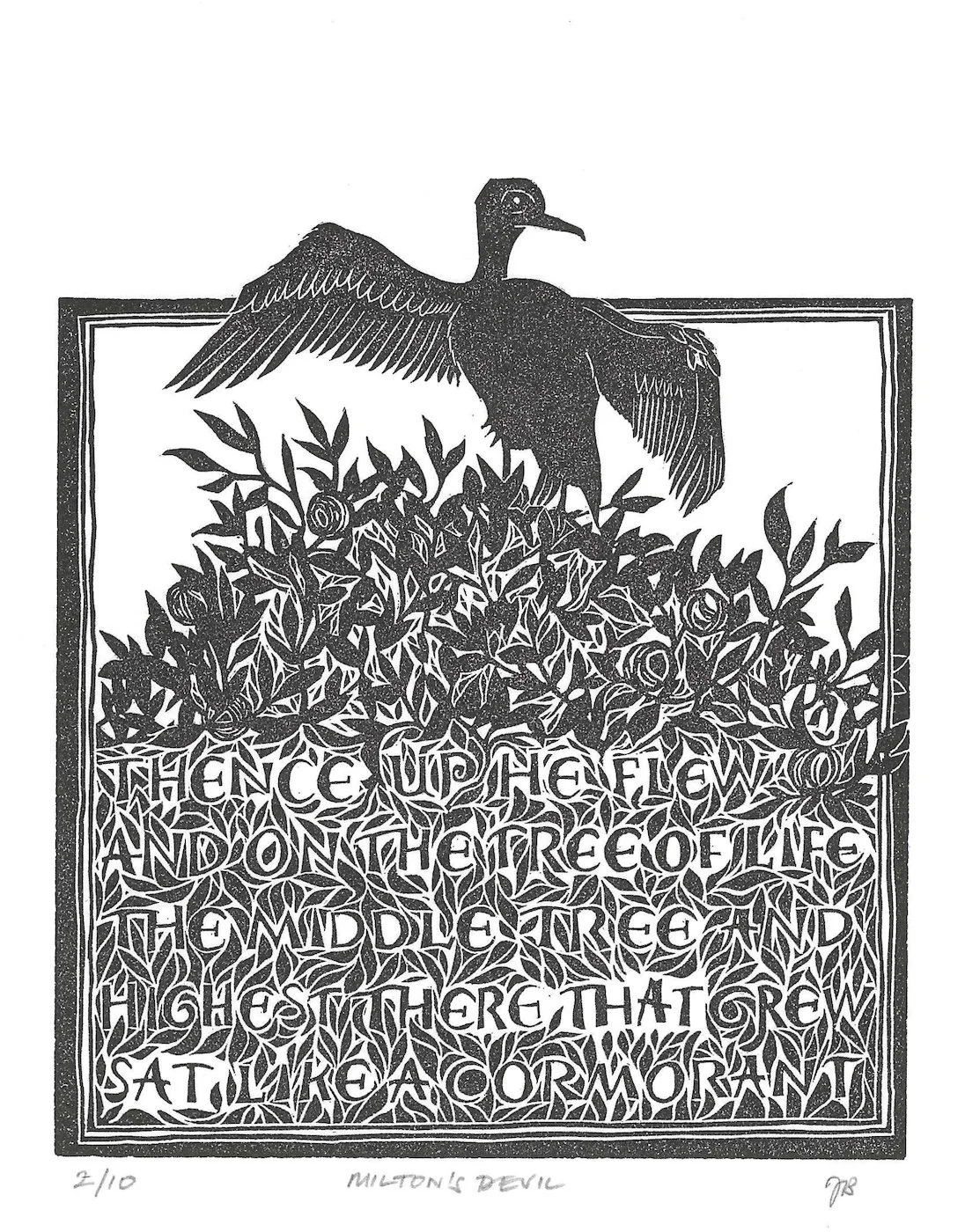 Milton's Devil, a monochrome linocut by Julian Brasington.