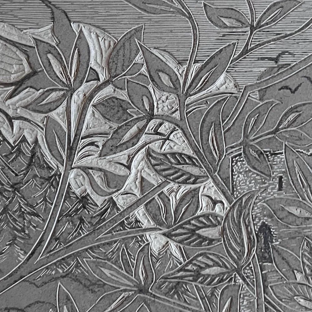 Detail of the carved block by Julian Brasington from which the print The Tower was made.