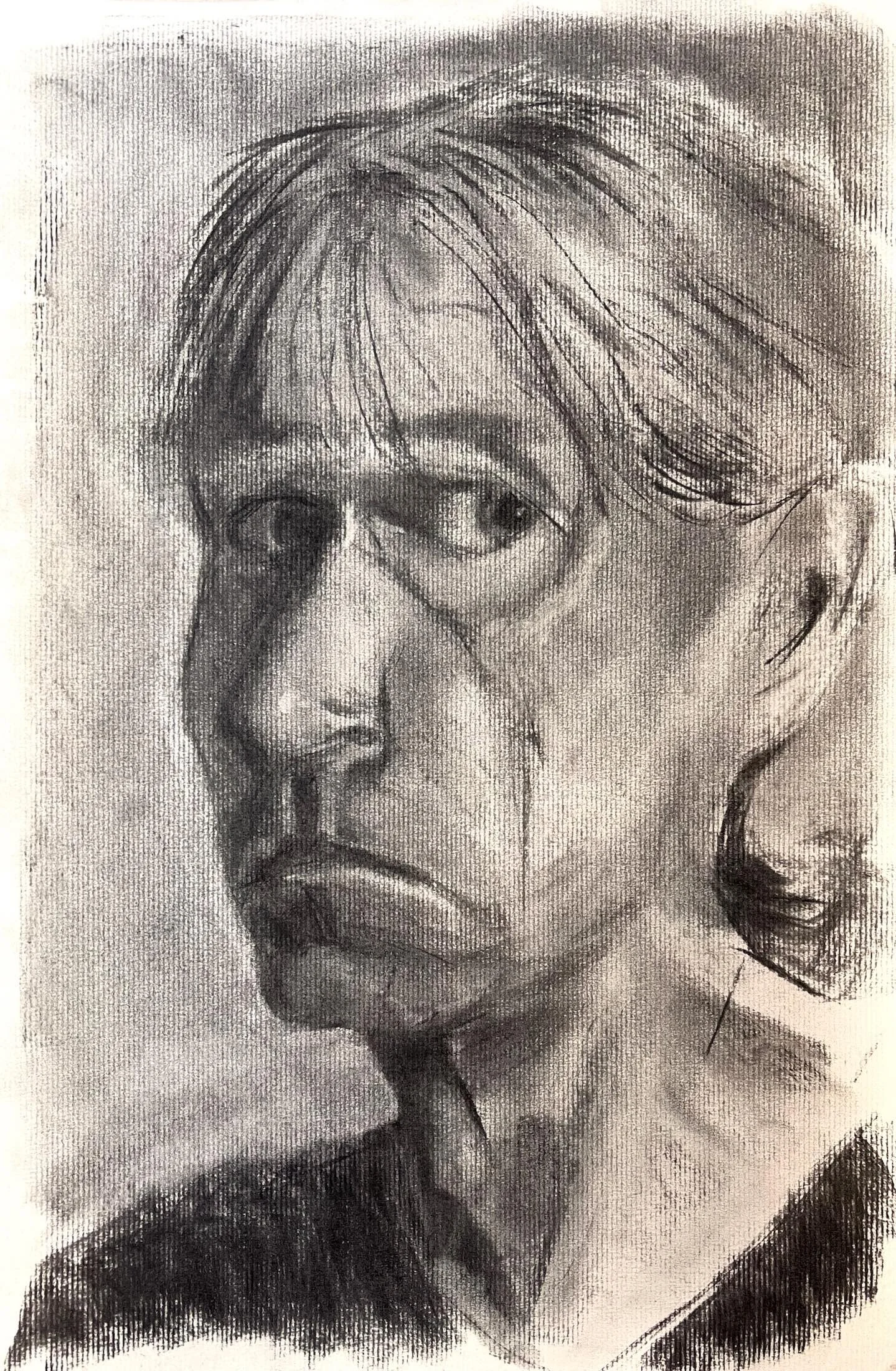 Large-scale charcoal self-portrait drawing by Julian Brasington