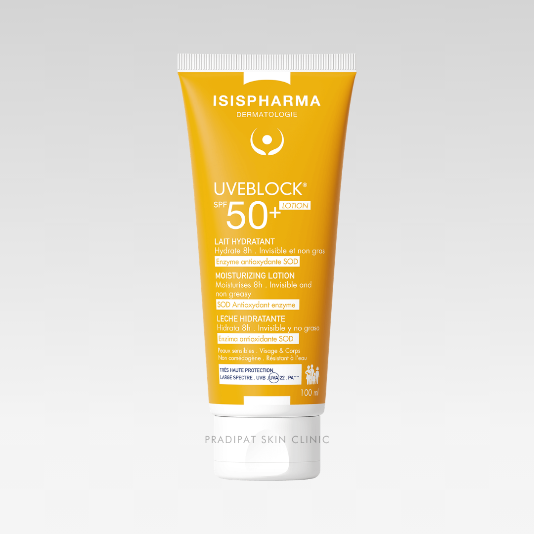 IsisPharma UVEBLOCK Lotion SPF 50+ PA++++ กันแดดเนื้อโลชั่นบางเบา ปกป้องขั้นสูง ผสานแอนติออกซิแดนท์ (จำหน่ายเฉพาะในโรงพยาบาลและคลินิก)