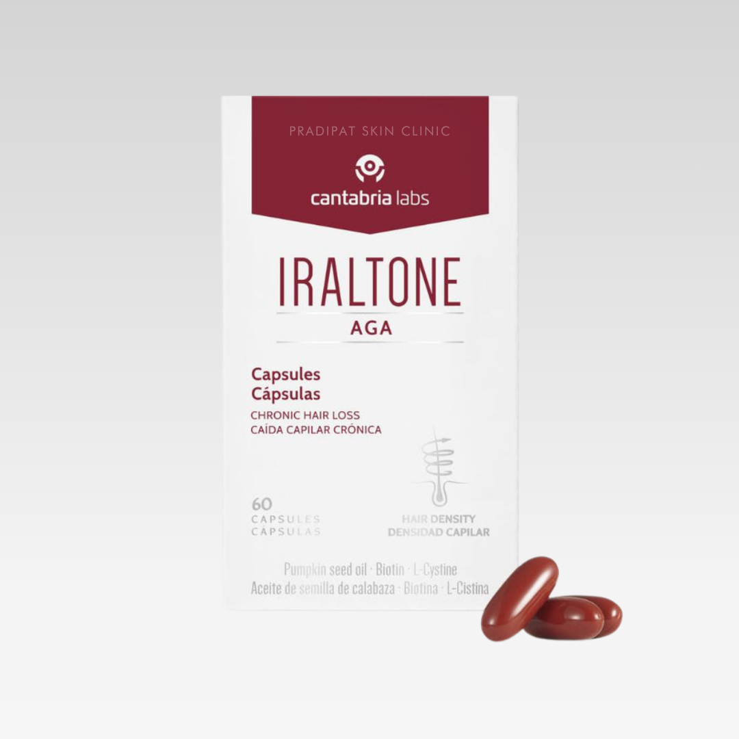 IRALTONE AGA Capsules อาหารเสริมดูแลรักษาผมร่วง ผมบาง ลดผมร่วงเรื้อรังจากฮอร์โมนและพันธุกรรม สูตรเข้มข้น (จำหน่ายเฉพาะในโรงพยาบาลและคลินิก)