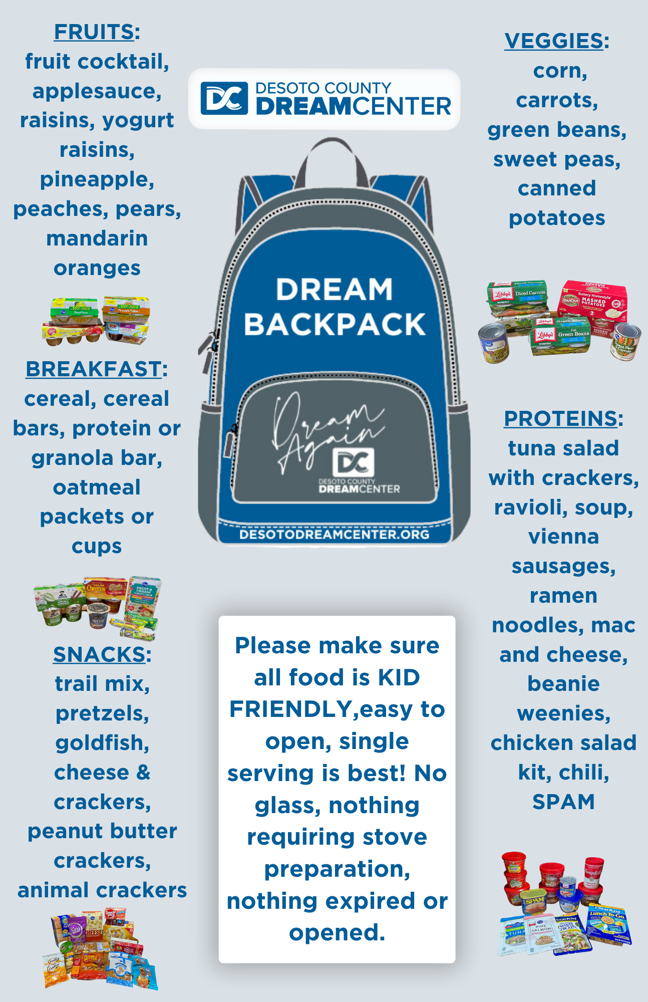 DREAM Backpack food items