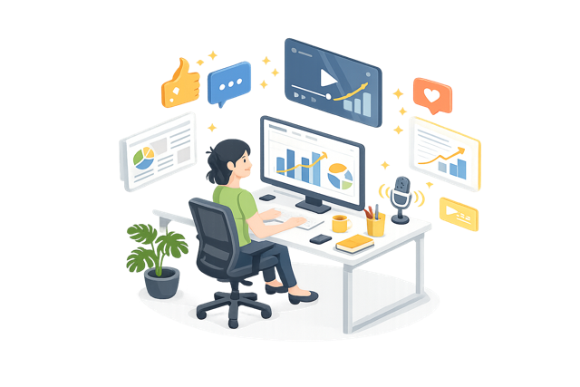 agency media management Illustration of a person sitting on a chair using a laptop, with multimedia icons displayed around them, symbolizing video and music streaming. A small table with a lamp is beside the chair.