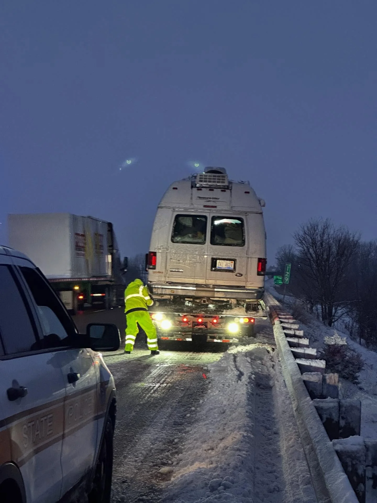 A thing happened. 🚐 

Shirley!

We hit black ice, spun out, and crashed on our way west. Thank all-the-goodness-in-the-world that no other cars were involved and for that lifesaving guardrail.

The cats and I are physically ok, the van less so. 😬 
