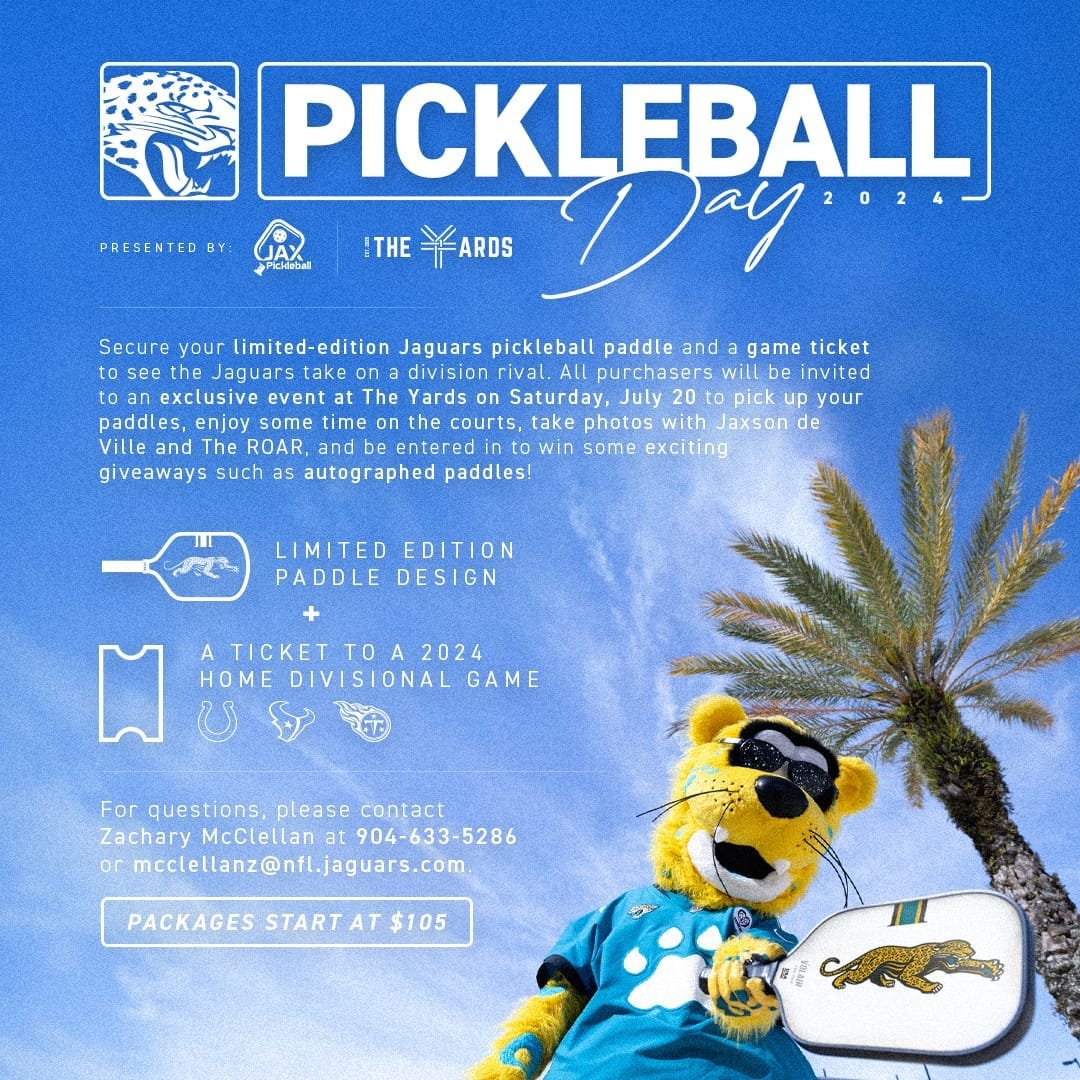 PICKLEBALL DAY WITH THE @jaguars! 🏓🐆⁣
⁣
Don't miss out on the opportunity to get a limited-edition JAGS PICKLEBALL PADDLE and a ticket to a home DIVISIONAL GAME...⁣
⁣
PLUS, purchasers are invited to an exclusive event being held right here at The Y