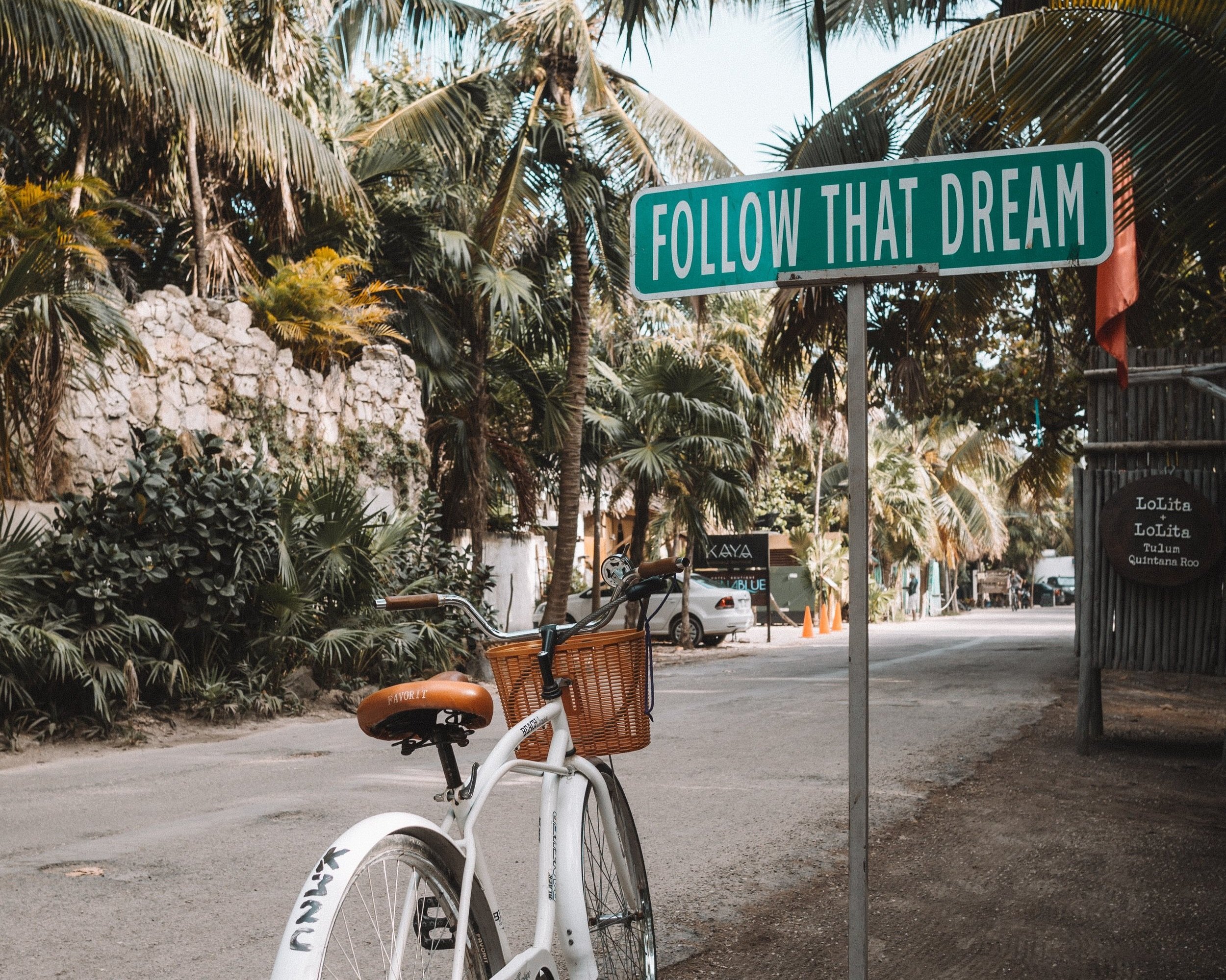 pic of a bike under a road sign that read 'follow that dream'